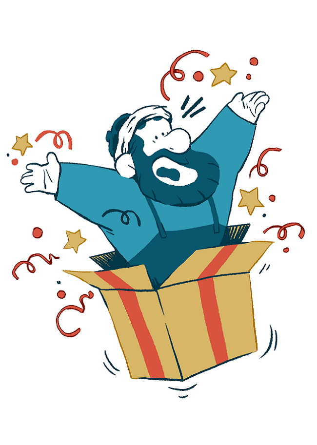 personnage sortant d'un paquet cadeau