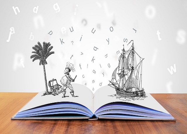 dessin d'un pirate et d'un bateau qui sortent d'un livre