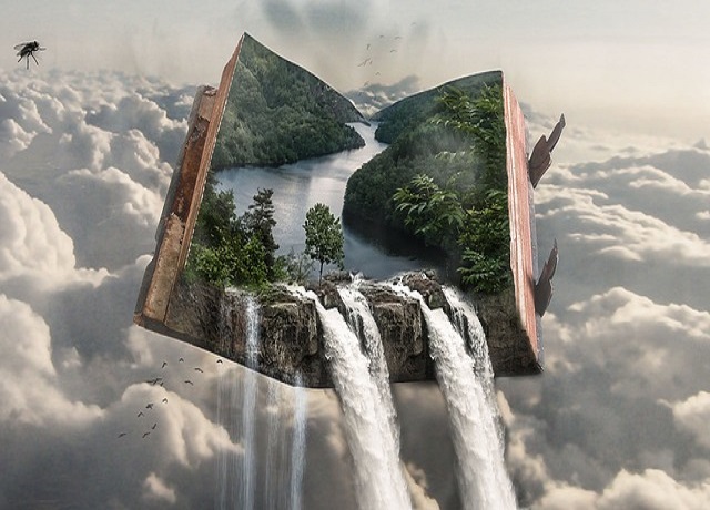 un paysage et une cascade coulant d'un livre