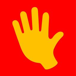 une main ouverte jaune sur fond rouge