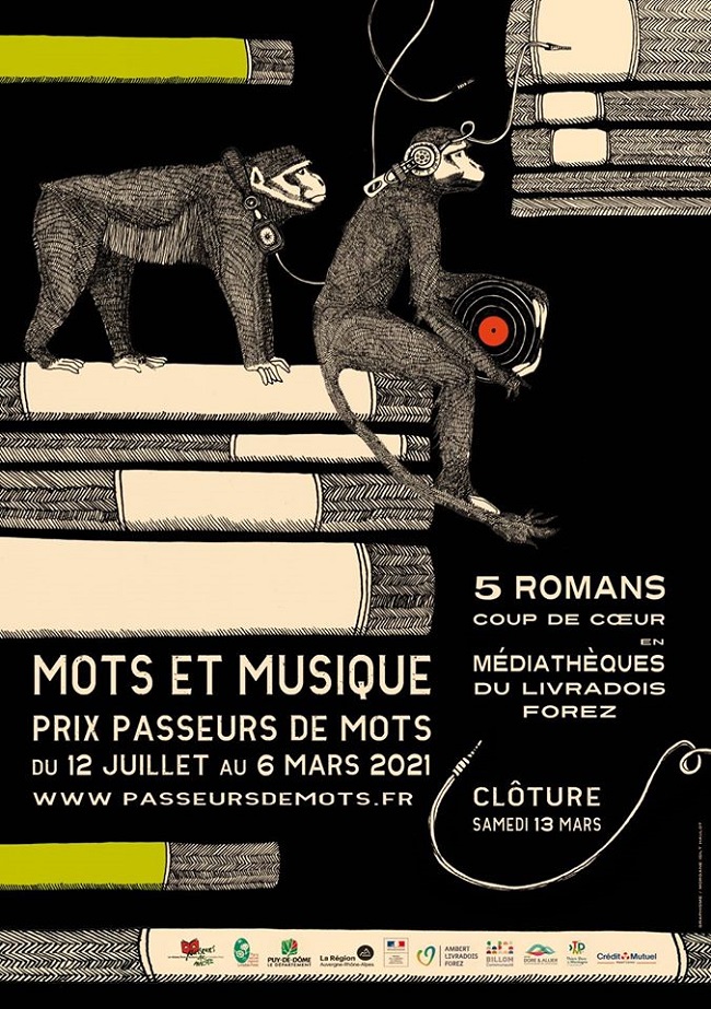 l'affiche du prix des singes portant des casques audio et des piles de livres