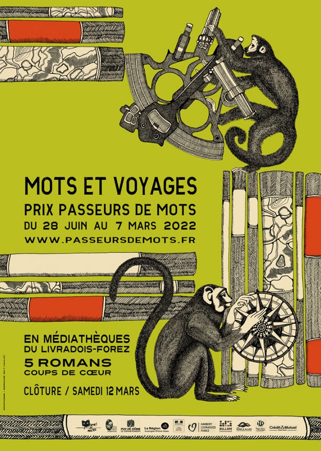 l'affiche du prix verte et orange représentant des livres, des singes, une boussole et un sextant