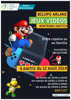 Affiche jeux vidéo avec le personnage de Mario et une manette de la Nintendo Switch
