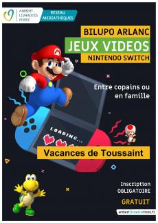 Affiche jeux vidéo avec le personnage de Mario et une manette de la Nintendo Switch