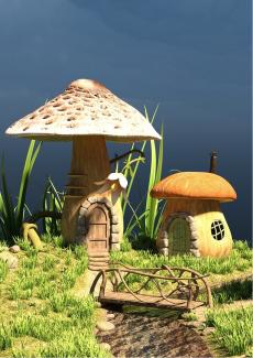 un décor avec des maisons en forme de champignons