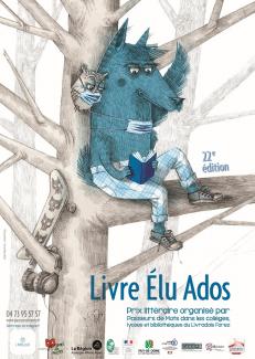 affiche représentant un loup bleu en train de lire, assis sur une branche
