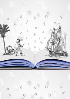 dessin d'un bateau et d'un pirate sortant d'un livre ouvert