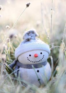 figurine d'un bonhomme de neige dans l'herbe givrée