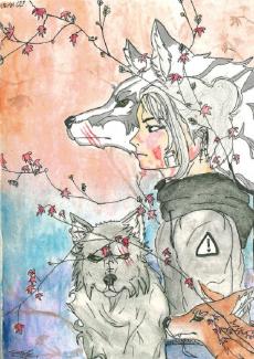 dessin manga représentant une jeune fille et un loup