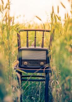 un vieux poste de radio posé sur une chaise au milieu d'un champ de blé