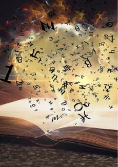 détail d'une oeuvre numérique : un livre ouvert d'où s'envolent des lettres