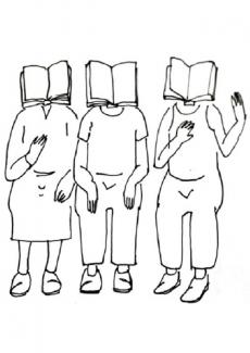dessin de trois personnes avec un livre à la place du visage