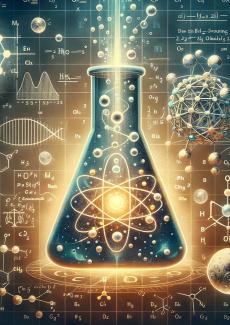 dessin d'une fiole, d'atomes et de symboles évoquant la physique