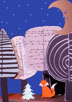 les décors en papier réprésentant des arbres et un renard