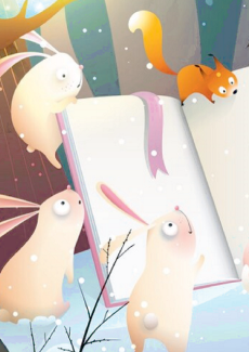 illstration de lapins et d'un renard perchés sur les pages d'un livre