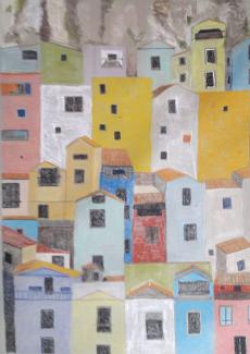 une peinture de l'artiste représnetnat des maisons