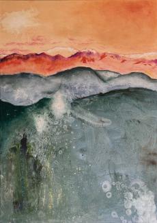 une peinture de Mme Dalmat Eva intitulée "Derniers feux en montagne"